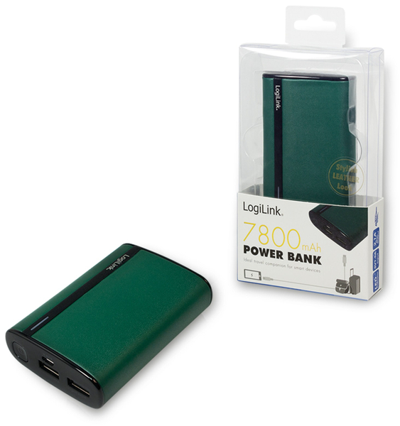 LogiLink USB Powerbank 7800 mA, 2x USB-Port, grün Lederoptik - Produktbild 4