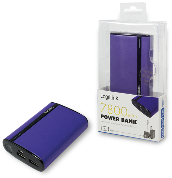 LogiLink USB Powerbank 7800 mA, 2x USB-Port, violett Lederoptik - Produktbild 4