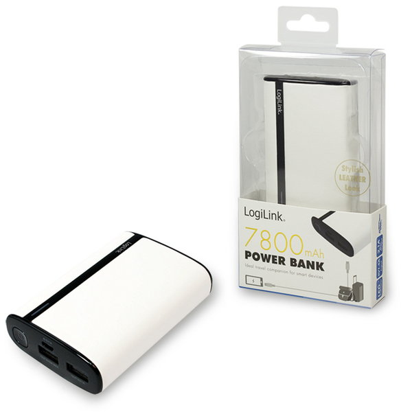 LogiLink USB Powerbank 7800 mA, 2x USB-Port, weiß Lederoptik - Produktbild 4