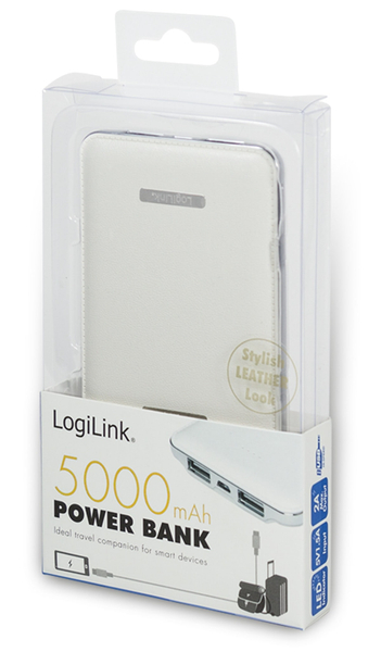 LogiLink USB Powerbank 5000 mA, 2x USB-Port, weiß Lederoptik - Produktbild 4