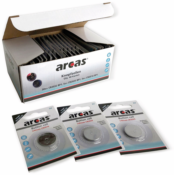 ARCAS Knopfzellen-Set, CR2016..CR2032, 40-teilig
