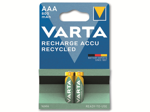 VARTA Akku NiMH, Micro, AAA, HR03, 1.2V/800mAh, Accu Recycled, Pre-charged, 2er Pack