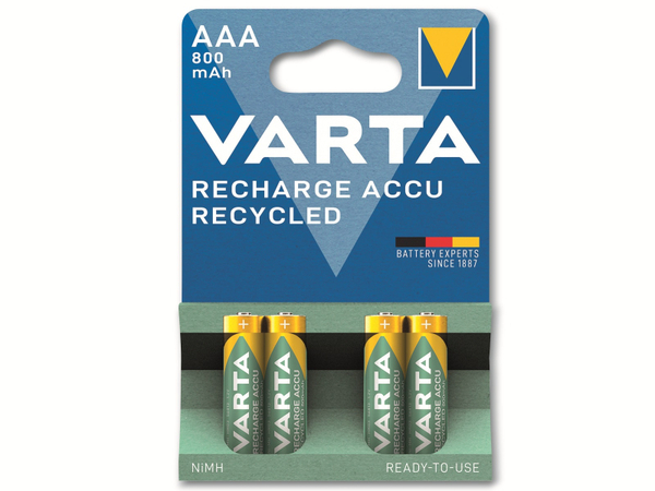 VARTA Akku NiMH, Micro, AAA, HR03, 1.2V/800mAh, Accu Recycled, Pre-charged, 4er Pack