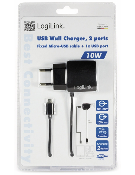 LOGILINK USB-Lader, PA0146, 2-fach,10,5W, USB, Micro-USB, schwarz - Produktbild 3