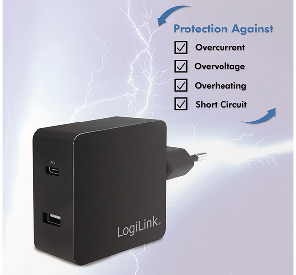 LogiLink USB-Lader PA0219, 2-fach, 40 W, 1xUSB-A, 1xUSB-C, schwarz - Produktbild 2