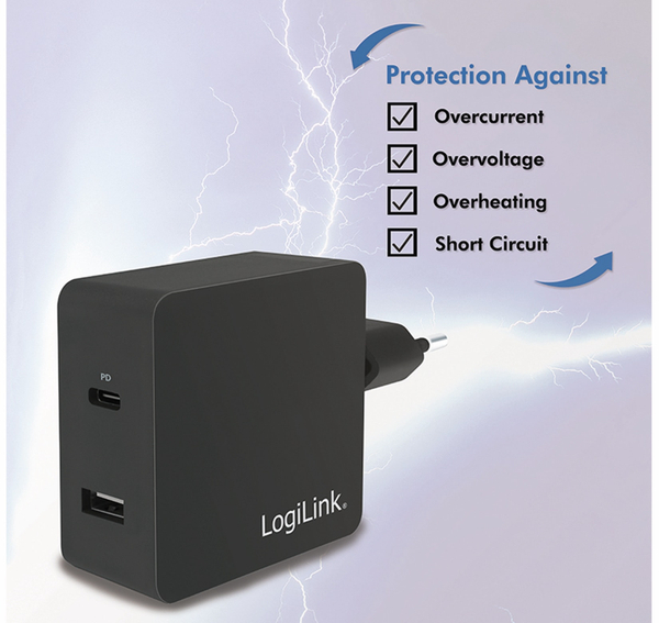 LOGILINK USB-Lader PA0212, 2-fach, 45 W, 1xUSB-A, 1xUSB-C, schwarz - Produktbild 2