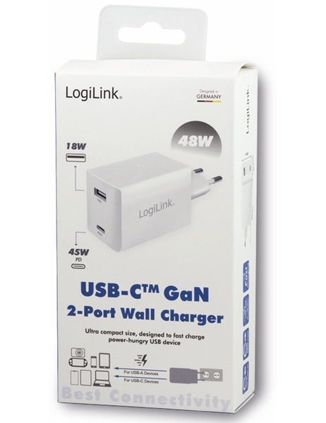 LogiLink USB-Lader PA0230, 2-fach, 48 W, 1xUSB-A, 1xUSB-C, GaN, weiß - Produktbild 7
