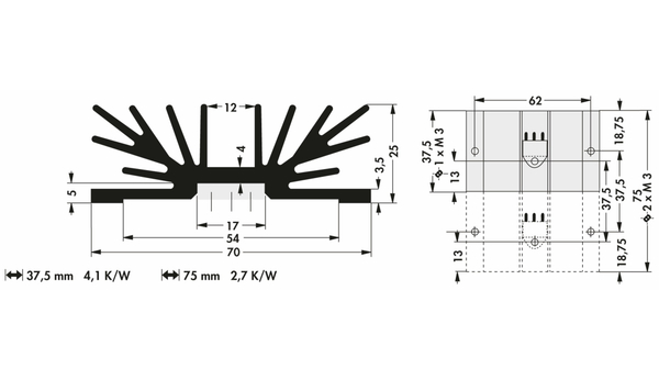 FISCHER ELEKTRONIK Kühlkörper, SK 64 37 SA 1 x 3, Profilkühlkörper, schwarz, Aluminium - Produktbild 2