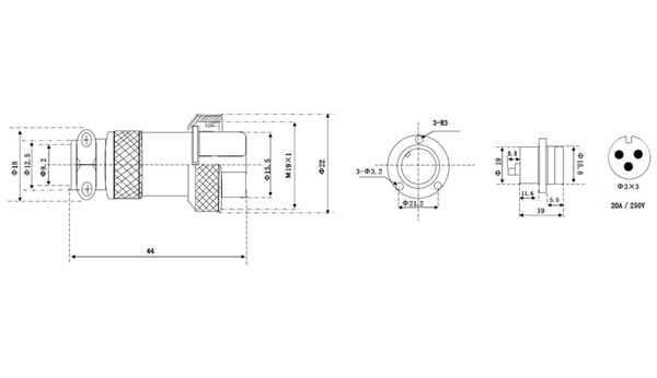 Hochstrom Einbaustecker-Set, 3-polig, Ø 19 mm, mit Abdeckkappe - Produktbild 2