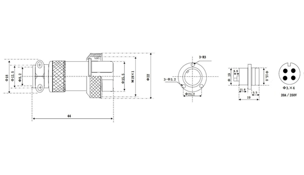 Hochstrom Einbaustecker-Set, 4-polig, Ø 19 mm, mit Abdeckkappe - Produktbild 3