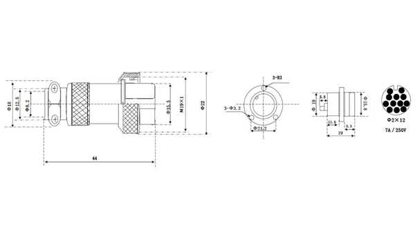 Hochstrom Einbaustecker-Set, 12-polig, Ø 19 mm, mit Abdeckkappe - Produktbild 3