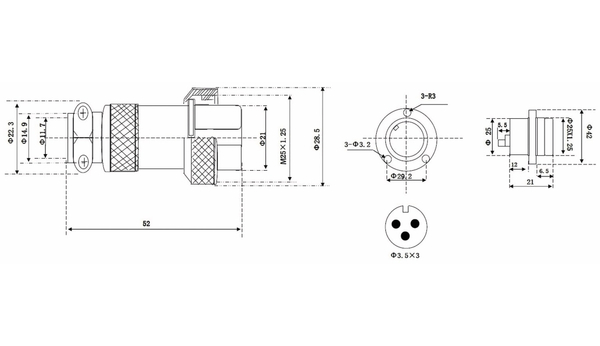 Hochstrom Einbaustecker-Set, 3-polig, Ø 25 mm, mit Abdeckkappe - Produktbild 3