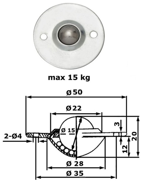 Kugelrolle, 50x20 mm, 15 kg, Stahl - Produktbild 2