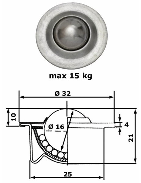 Kugelrolle, 32x21 mm, 15 kg, Stahl - Produktbild 2