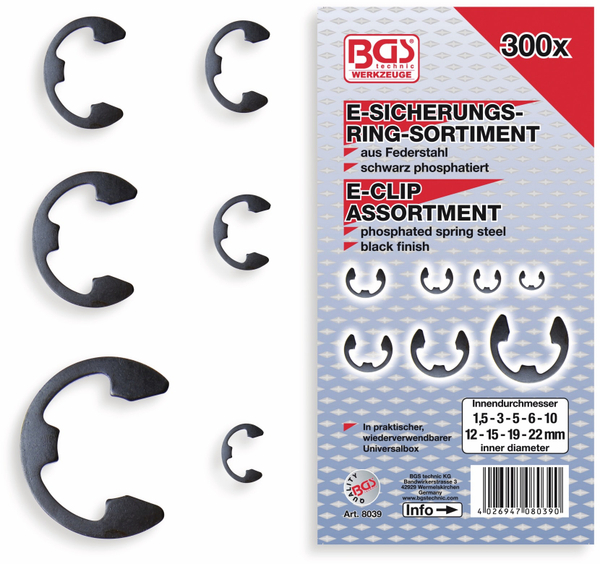BGS TECHNIC E-Sicherungsring-Set, 8039, 1,5...22mm, 300-tlg