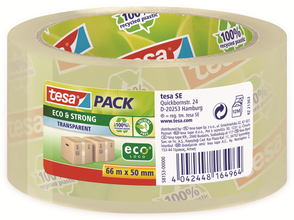TESA pack® Eco &amp; Strong, transparent, 66m:50mm, 58153-00000-00