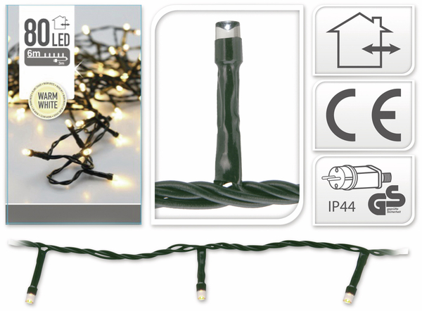 LED-Lichterkette, 80 LEDs, warmweiß, 230V~, IP44, Innen/Außen, Kabelfarbe grün - Produktbild 4