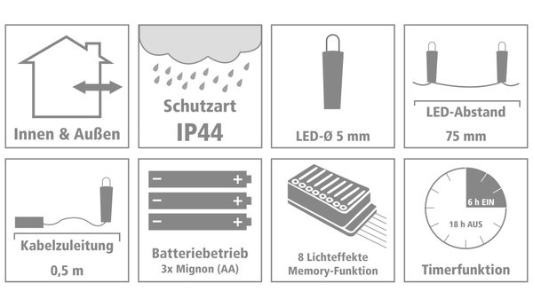 LED-Lichterkette, 48 LEDs, warmweiß, Batteriebetrieb, IP44, Timer - Produktbild 3
