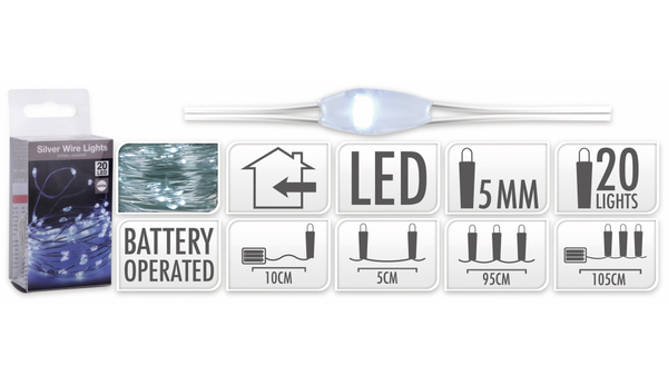 LED-Lichterkette, Silberdraht, 20 LEDs, kaltweiß, Batteriebetrieb - Produktbild 6
