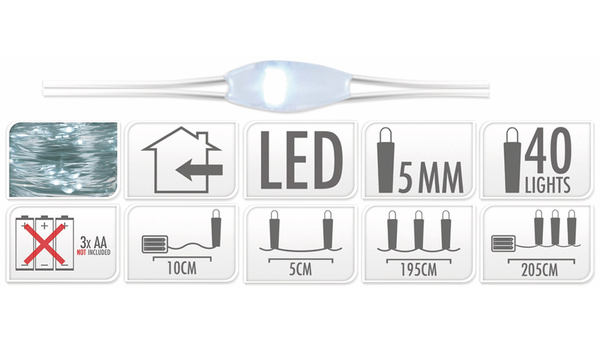 LED-Lichterkette, Silberdraht, 40 LEDs, kaltweiß, Batteriebetrieb - Produktbild 7