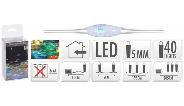 LED-Lichterkette, Silberdraht, 40 LEDs, bunt, Batteriebetrieb - Produktbild 5