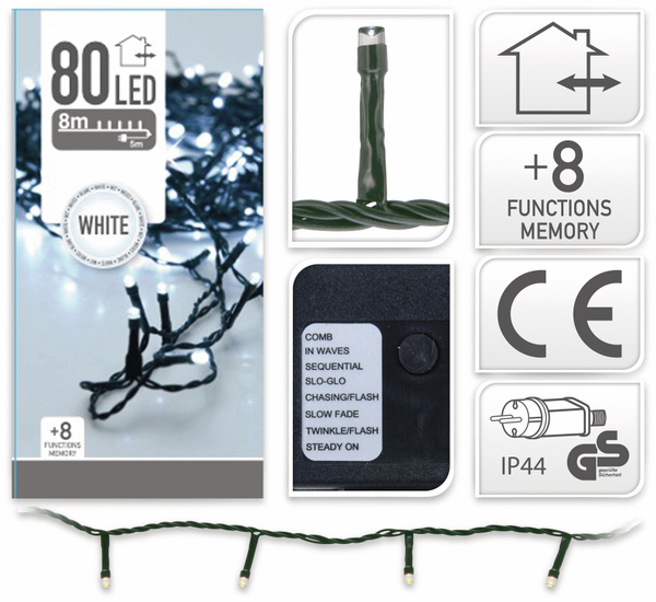 LED-Lichterkette, 80 LEDs, kaltweiß, 230V~, IP44, 8 Funktionen, Memory - Produktbild 4