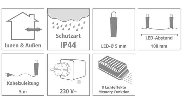 LED-Lichterkette, 80 LEDs, warmweiß, 230V~, IP44, 8 Funktionen, Memory - Produktbild 3