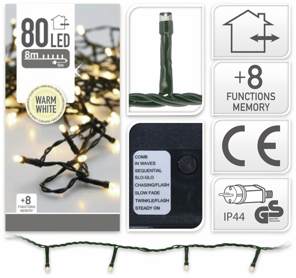 LED-Lichterkette, 80 LEDs, warmweiß, 230V~, IP44, 8 Funktionen, Memory - Produktbild 4