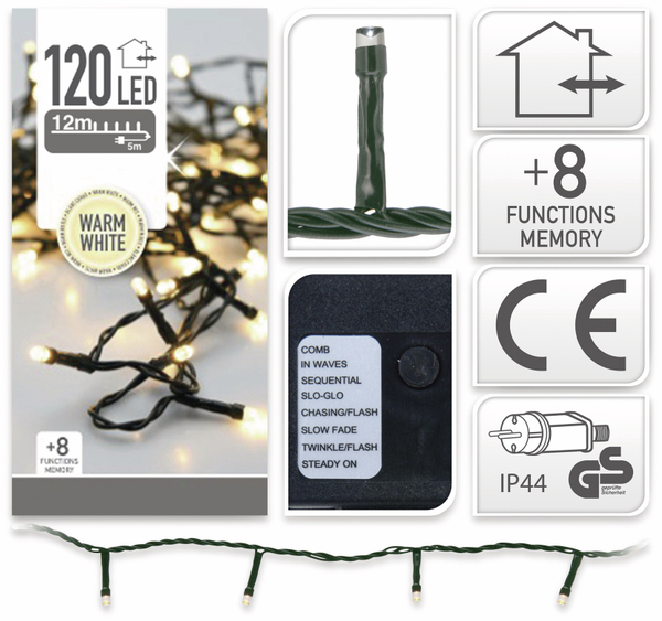 LED-Lichterkette, 120 LEDs, warmweiß, 230V~, IP44, 8 Funktionen, Memory - Produktbild 4