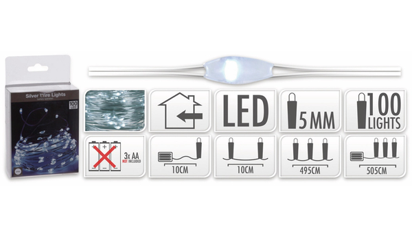 LED-Lichterkette, Silberdraht, 100 LEDs, kaltweiß, Batteriebetrieb - Produktbild 5