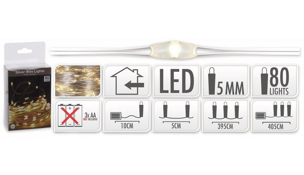 LED-Lichterkette, Silberdraht, 80 LEDs, warmweiß, Batteriebetrieb - Produktbild 5