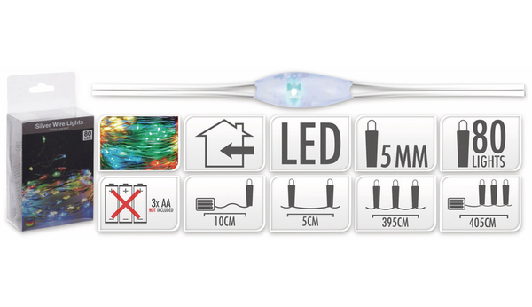 LED-Lichterkette, Silberdraht, 80 LEDs, bunt, Batteriebetrieb - Produktbild 5
