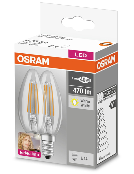 LED-Lampe BASE CLASSIC B, E14, EEK: A++, 4 W, 470 lm, 2700 K, B40, 2 Stück - Produktbild 2