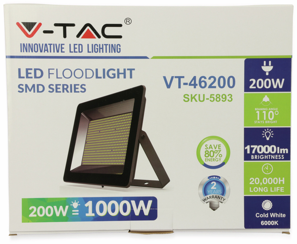 V-TAC LED-Flutlichtstrahler VT-46200 (5893), 200 W, 17000 lm, 6000 K - Produktbild 4