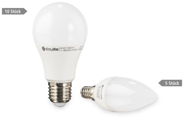 Daylite 15er LED-Lampen-Set EEK: A+, 10x A60-E27-806WW + 5x KM-E14-285WW