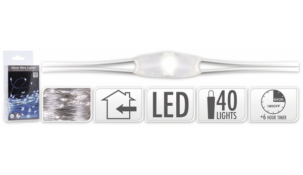 LED-Lichterkette, Silberdraht, 40 LEDs, kaltweiß, Batteriebetrieb, Timer - Produktbild 5