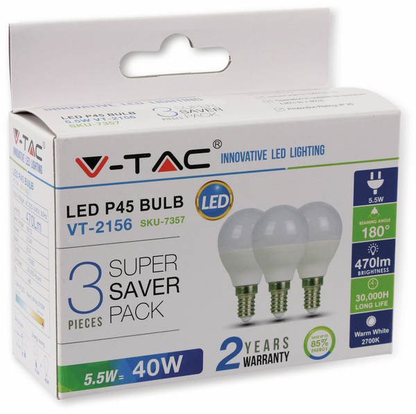LED-Lampe VT-2156(7358), E14, EEK: G, 5,5 W, 470 lm, 4000 K, 3 Stück - Produktbild 2
