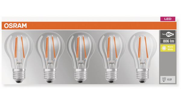 OSRAM LED-Lampe BASE CLASSIC A, E27, EEK: E, 7 W, 806 lm, 2700 K, 5 Stk. - Produktbild 3