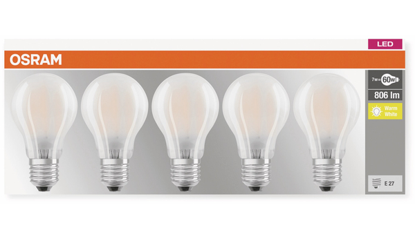 OSRAM LED-Lampe BASE CLAS A, E27, EEK: E, 7W, 806 lm, 2700 K, 5 Stk. matt - Produktbild 3