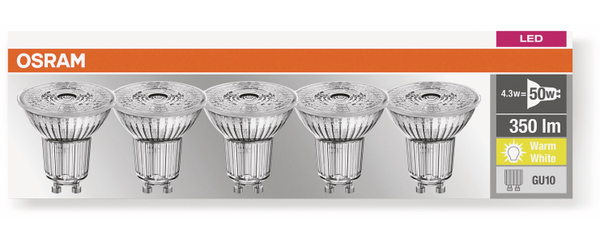 OSRAM LED-Lampe LED BASE PAR16, GU10, EEK F, 4,3 W, 350 lm, 2700 K, 5 Stk. - Produktbild 3