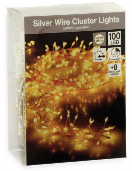 LED-Cluster-Lichterkette Draht , 100 LEDs, warmweiß, Batteriebetrieb, Timer - Produktbild 2