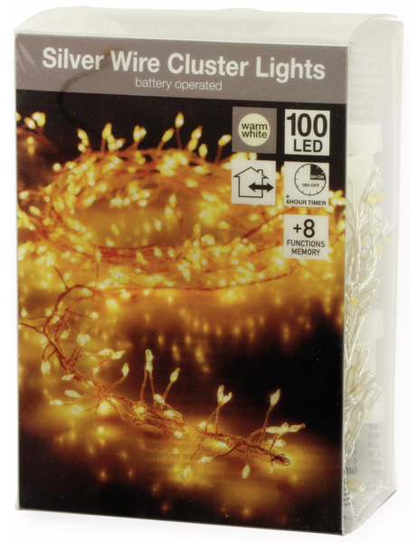 LED-Cluster-Lichterkette Draht , 100 LEDs, warmweiß, Batteriebetrieb, Timer - Produktbild 3