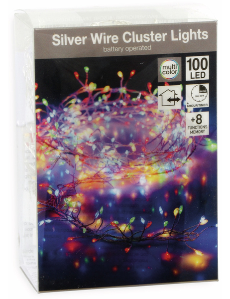LED-Cluster-Llichterkette Draht, 100 LEDs, bunt, Batteriebetrieb, Timer - Produktbild 2