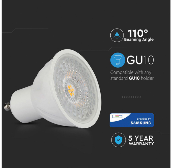 V-TAC LED-Lampe VT-247 (192), GU10, EEK: G, 6,5 W, 480 lm, 3000 K - Produktbild 5