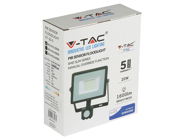 V-TAC LED-Fluter mit Bewegungsmelder VT-20-S-B, EEK: F, 20 W, 1600lm, 3000 K, schwarz - Produktbild 4