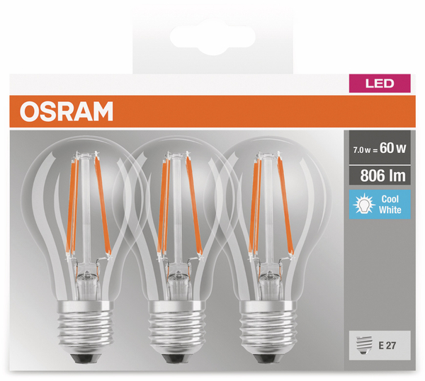 Osram LED-Lampe BASE CLAS A, E27, EEK: A++, 6W, 806 lm, 4000 K, 3 Stk. klar - Produktbild 3