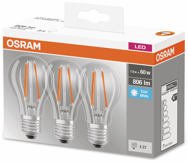 Osram LED-Lampe BASE CLAS A, E27, EEK: A++, 6W, 806 lm, 4000 K, 3 Stk. klar - Produktbild 4