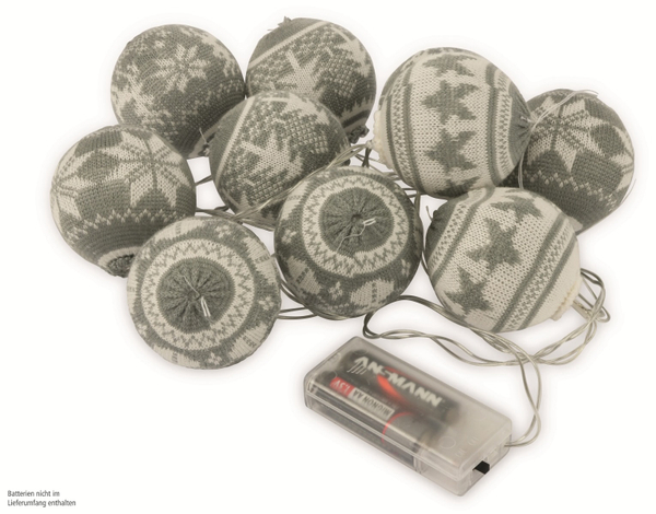 LED-Lichterkette Nordic Balls, 10 Kugeln, warmweiß, grau, Batteriebetrieb