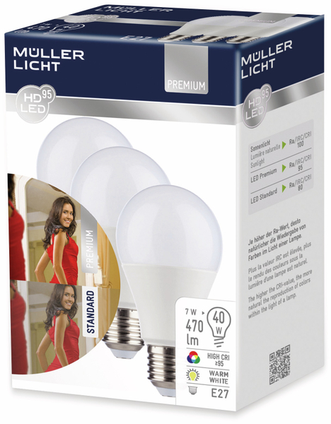 Müller-Licht LED-Lampe HD95, E27, EEK: A+, 7 W, 470 lm, 2700 K, 3 Stück - Produktbild 3