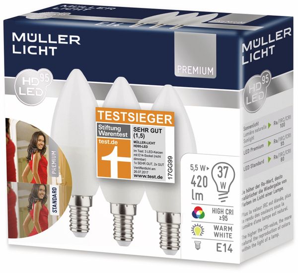 Müller-Licht LED-Lampe HD95, E14, EEK: A+, 5,5 W, 420 lm, 2700 K, 3 Stück - Produktbild 3